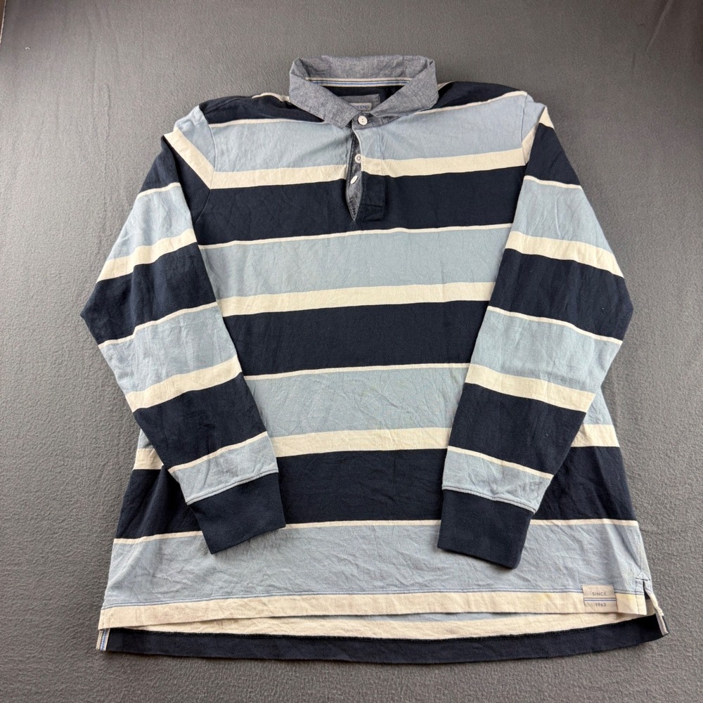 Vintage Lands End Rugby Shirt Men's XL Blue White Striped Polo Heavy Cotton Y2K